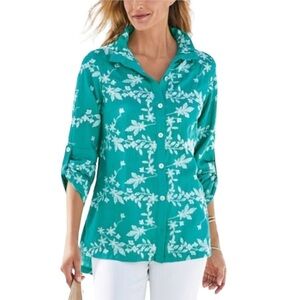 Soft Surroundings embroidered Isla verde linen blend button up shirt roll tab M